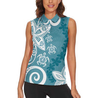 Polynesia Women Sleeveless Polo Shirt Hippie Blue Tribal Turtle Floral Pattern