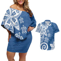 Polynesia Couples Matching Off Shoulder Short Dress and Hawaiian Shirt Blue Tribal Turtle Floral Pattern LT05 Blue - Polynesian Pride