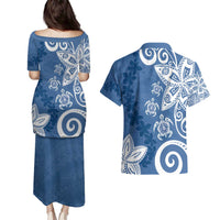 Polynesia Couples Matching Puletasi and Hawaiian Shirt Blue Tribal Turtle Floral Pattern LT05 - Polynesian Pride