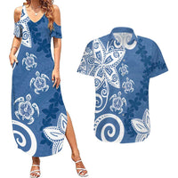 Polynesia Couples Matching Summer Maxi Dress and Hawaiian Shirt Blue Tribal Turtle Floral Pattern LT05 Blue - Polynesian Pride