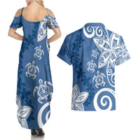 Polynesia Couples Matching Summer Maxi Dress and Hawaiian Shirt Blue Tribal Turtle Floral Pattern LT05 - Polynesian Pride