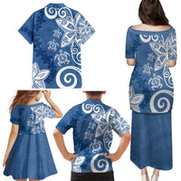Polynesia Family Matching Puletasi and Hawaiian Shirt Blue Tribal Turtle Floral Pattern