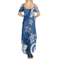 Polynesia Family Matching Summer Maxi Dress and Hawaiian Shirt Blue Tribal Turtle Floral Pattern