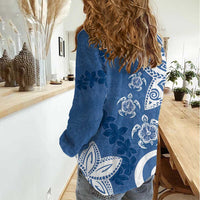 Polynesia Women Casual Shirt Blue Tribal Turtle Floral Pattern