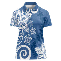 Polynesia Women Polo Shirt Blue Tribal Turtle Floral Pattern