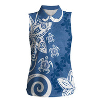 Polynesia Women Sleeveless Polo Shirt Blue Tribal Turtle Floral Pattern