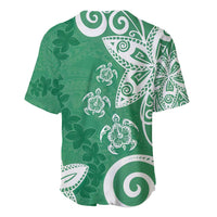 Polynesia Baseball Jersey Green Tribal Turtle Floral Pattern