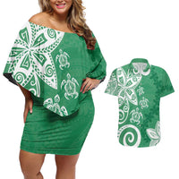 Polynesia Couples Matching Off Shoulder Short Dress and Hawaiian Shirt Green Tribal Turtle Floral Pattern LT05 Green - Polynesian Pride
