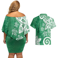 Polynesia Couples Matching Off Shoulder Short Dress and Hawaiian Shirt Green Tribal Turtle Floral Pattern LT05 - Polynesian Pride