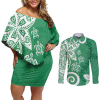 Polynesia Couples Matching Off Shoulder Short Dress and Long Sleeve Button Shirt Green Tribal Turtle Floral Pattern LT05 Green - Polynesian Pride