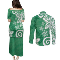 Polynesia Couples Matching Puletasi and Long Sleeve Button Shirt Green Tribal Turtle Floral Pattern LT05 - Polynesian Pride