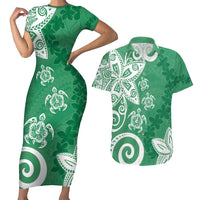 Polynesia Couples Matching Short Sleeve Bodycon Dress and Hawaiian Shirt Green Tribal Turtle Floral Pattern LT05 Green - Polynesian Pride