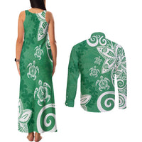 Polynesia Couples Matching Tank Maxi Dress and Long Sleeve Button Shirt Green Tribal Turtle Floral Pattern LT05 - Polynesian Pride