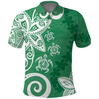 Polynesia Polo Shirt Green Tribal Turtle Floral Pattern