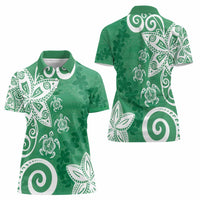 Polynesia Women Polo Shirt Green Tribal Turtle Floral Pattern