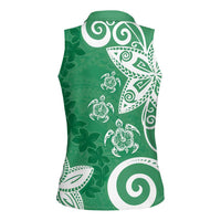 Polynesia Women Sleeveless Polo Shirt Green Tribal Turtle Floral Pattern