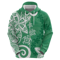 Polynesia Zip Hoodie Green Tribal Turtle Floral Pattern