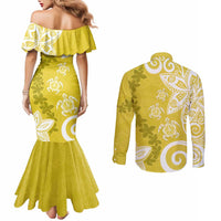 Polynesia Couples Matching Mermaid Dress and Long Sleeve Button Shirt Yellow Tribal Turtle Floral Pattern LT05 - Polynesian Pride