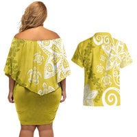 Polynesia Couples Matching Off Shoulder Short Dress and Hawaiian Shirt Yellow Tribal Turtle Floral Pattern LT05 - Polynesian Pride