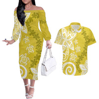 Polynesia Couples Matching Off The Shoulder Long Sleeve Dress and Hawaiian Shirt Yellow Tribal Turtle Floral Pattern LT05 Yellow - Polynesian Pride