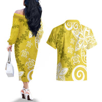 Polynesia Couples Matching Off The Shoulder Long Sleeve Dress and Hawaiian Shirt Yellow Tribal Turtle Floral Pattern LT05 - Polynesian Pride