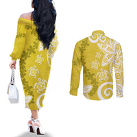 Polynesia Couples Matching Off The Shoulder Long Sleeve Dress and Long Sleeve Button Shirt Yellow Tribal Turtle Floral Pattern LT05 - Polynesian Pride