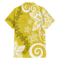Polynesia Family Matching Short Sleeve Bodycon Dress and Hawaiian Shirt Yellow Tribal Turtle Floral Pattern
