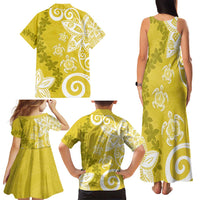 Polynesia Family Matching Tank Maxi Dress and Hawaiian Shirt Yellow Tribal Turtle Floral Pattern