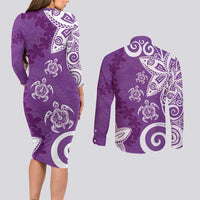 Polynesia Couples Matching Long Sleeve Bodycon Dress and Long Sleeve Button Shirt Purple Tribal Turtle Floral Pattern LT05 - Polynesian Pride