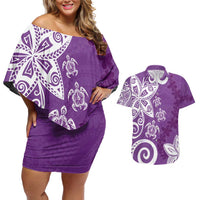Polynesia Couples Matching Off Shoulder Short Dress and Hawaiian Shirt Purple Tribal Turtle Floral Pattern LT05 Purple - Polynesian Pride