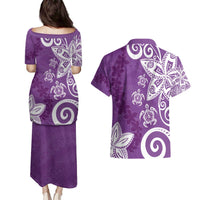 Polynesia Couples Matching Puletasi and Hawaiian Shirt Purple Tribal Turtle Floral Pattern LT05 - Polynesian Pride