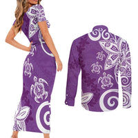 Polynesia Couples Matching Short Sleeve Bodycon Dress and Long Sleeve Button Shirt Purple Tribal Turtle Floral Pattern LT05 - Polynesian Pride