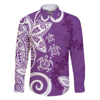 Polynesia Family Matching Long Sleeve Bodycon Dress and Hawaiian Shirt Purple Tribal Turtle Floral Pattern