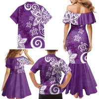 Polynesia Family Matching Mermaid Dress and Hawaiian Shirt Purple Tribal Turtle Floral Pattern