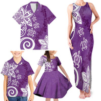 Polynesia Family Matching Tank Maxi Dress and Hawaiian Shirt Purple Tribal Turtle Floral Pattern