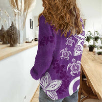 Polynesia Women Casual Shirt Purple Tribal Turtle Floral Pattern