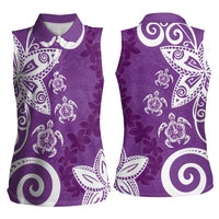 Polynesia Women Sleeveless Polo Shirt Purple Tribal Turtle Floral Pattern