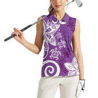 Polynesia Women Sleeveless Polo Shirt Purple Tribal Turtle Floral Pattern