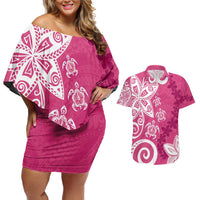 Polynesia Couples Matching Off Shoulder Short Dress and Hawaiian Shirt Pink Tribal Turtle Floral Pattern LT05 Pink - Polynesian Pride