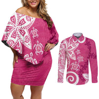 Polynesia Couples Matching Off Shoulder Short Dress and Long Sleeve Button Shirt Pink Tribal Turtle Floral Pattern LT05 Pink - Polynesian Pride