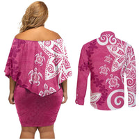 Polynesia Couples Matching Off Shoulder Short Dress and Long Sleeve Button Shirt Pink Tribal Turtle Floral Pattern LT05 - Polynesian Pride