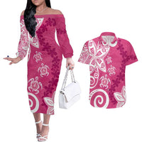Polynesia Couples Matching Off The Shoulder Long Sleeve Dress and Hawaiian Shirt Pink Tribal Turtle Floral Pattern LT05 Pink - Polynesian Pride