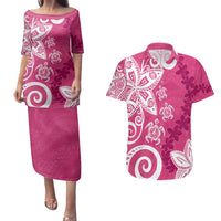 Polynesia Couples Matching Puletasi and Hawaiian Shirt Pink Tribal Turtle Floral Pattern LT05 Pink - Polynesian Pride