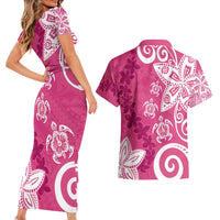Polynesia Couples Matching Short Sleeve Bodycon Dress and Hawaiian Shirt Pink Tribal Turtle Floral Pattern LT05 - Polynesian Pride