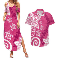 Polynesia Couples Matching Summer Maxi Dress and Hawaiian Shirt Pink Tribal Turtle Floral Pattern LT05 Pink - Polynesian Pride