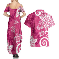 Polynesia Couples Matching Summer Maxi Dress and Hawaiian Shirt Pink Tribal Turtle Floral Pattern LT05 - Polynesian Pride