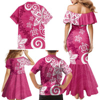 Polynesia Family Matching Mermaid Dress and Hawaiian Shirt Pink Tribal Turtle Floral Pattern