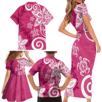 Polynesia Family Matching Short Sleeve Bodycon Dress and Hawaiian Shirt Pink Tribal Turtle Floral Pattern