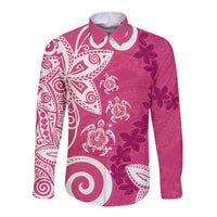 Polynesia Long Sleeve Button Shirt Pink Tribal Turtle Floral Pattern LT05 Unisex Pink - Polynesian Pride