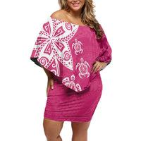 Polynesia Off Shoulder Short Dress Pink Tribal Turtle Floral Pattern LT05 Women Pink - Polynesian Pride